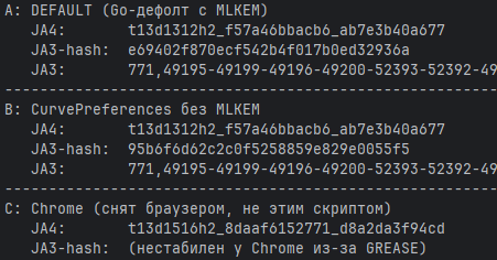  Одна сборка с MLKEM и без. JA3 поплыл, JA4 остался прежним - значит ловили по кривым.